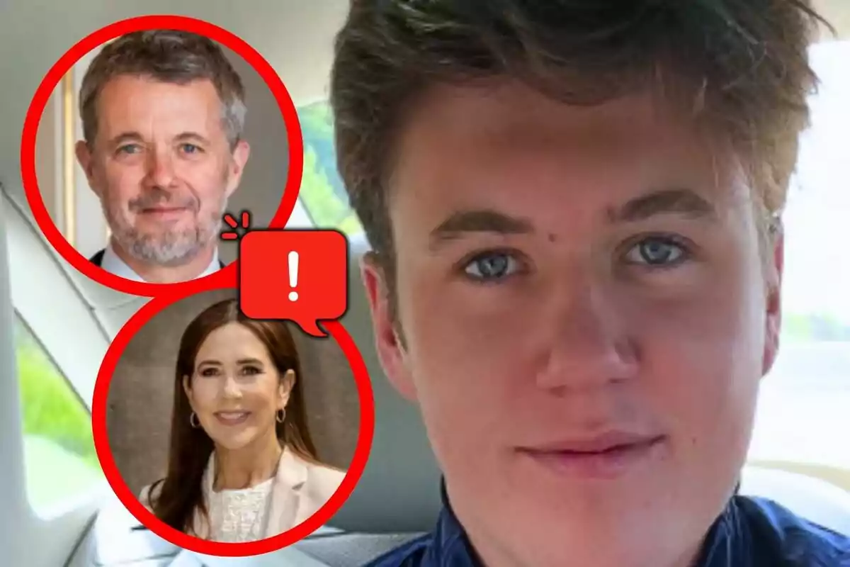 Montaje de fotos de Christian de Dinamarca y sus padres, Mary y Federico de Dinamarca al lado con un emoji de exclamación.