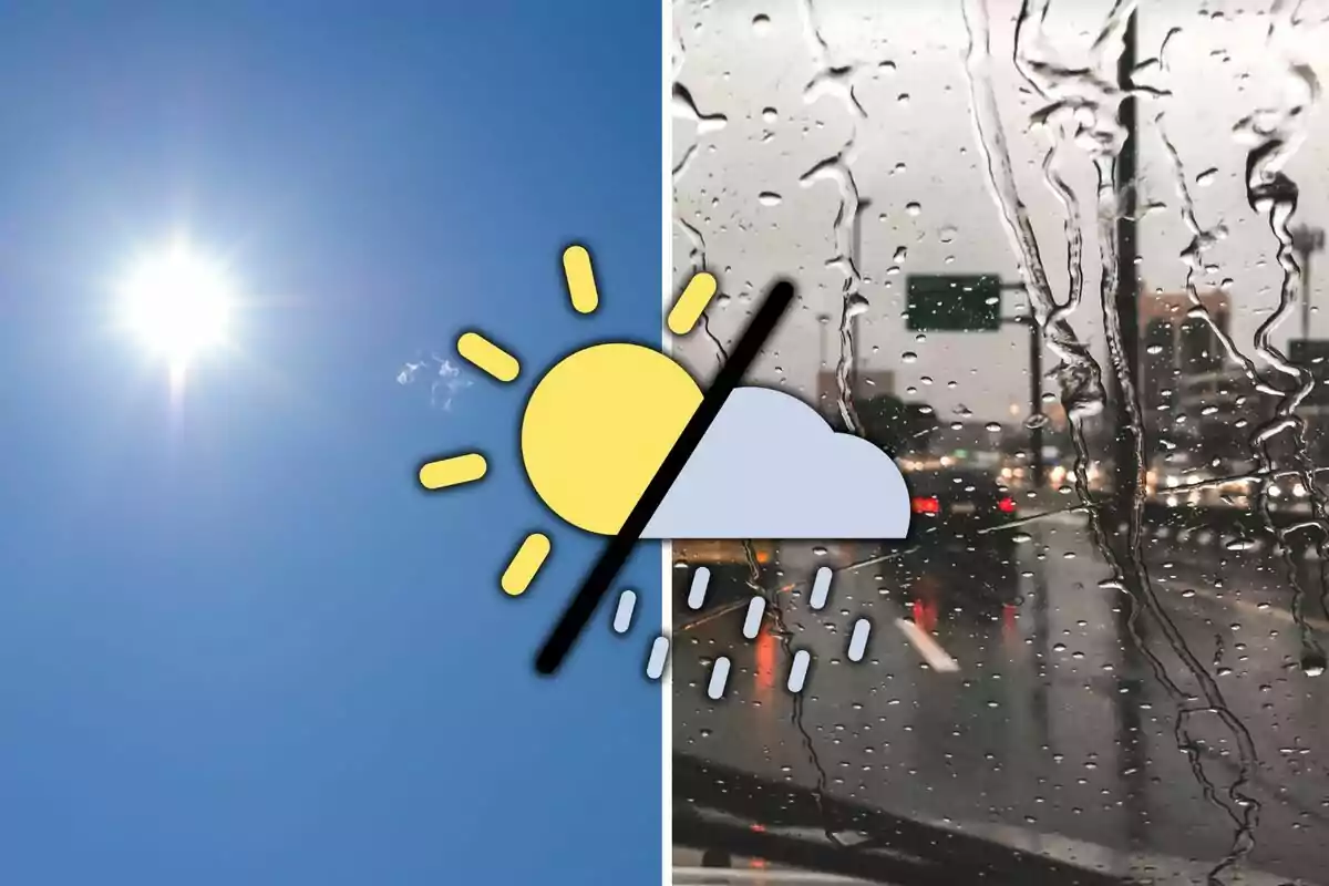 Mitad de la imagen muestra un cielo soleado y la otra mitad una calle lluviosa con un ícono de sol y nube en el centro. Mitad de la imagen muestra un cielo soleado y la otra mitad una calle lluviosa con un ícono de sol y nube en el centro.