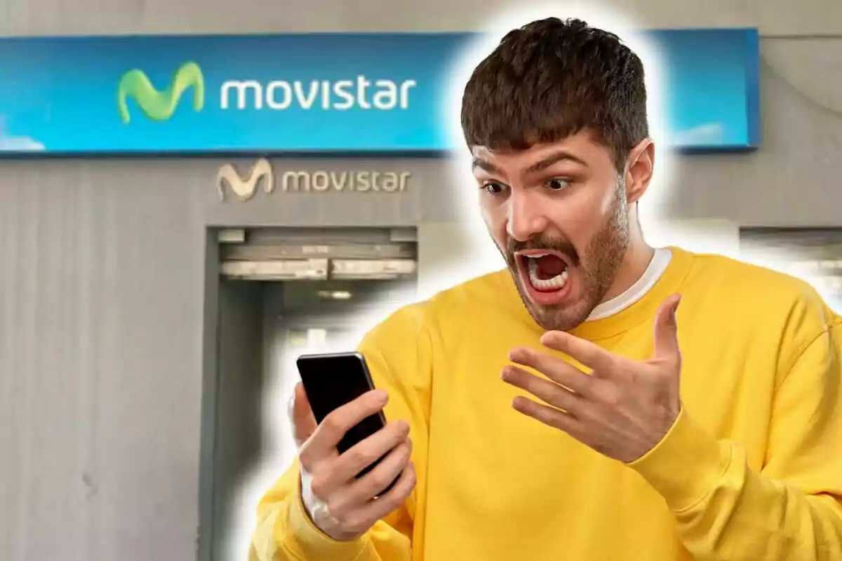 Man with surprised or angry expression looking at his phone in front of a Movistar store.