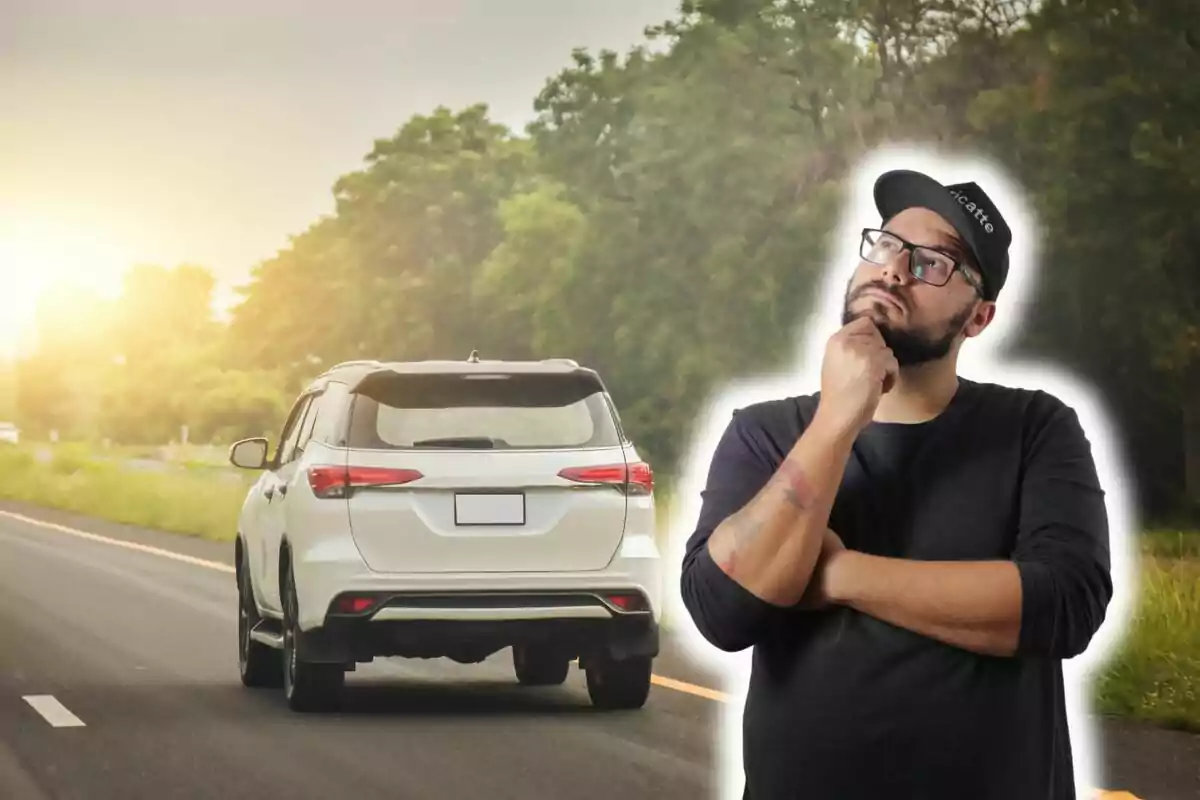 Hombre pensativo con gafas y gorra negra, con fondo de un coche blanco en una carretera rodeada de árboles.