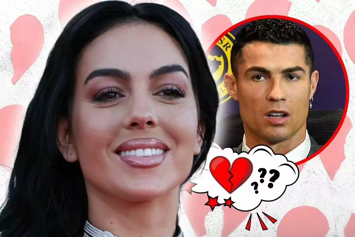 Georgina Rodríguez sonriente en primer plano con la imagen de Cristiano Ronaldo en un círculo rojo con un corazón roto y signos de interrogación en el fondo.