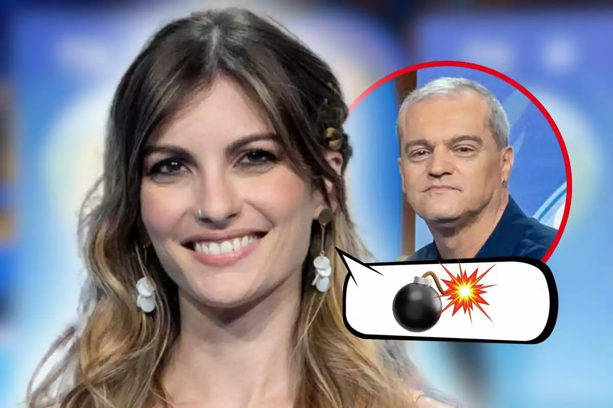 Cristinini con rostro sonriente en primer plano con Ramón García en un círculo rojo en el fondo y un globo de diálogo con una imagen de una bomba explotando.