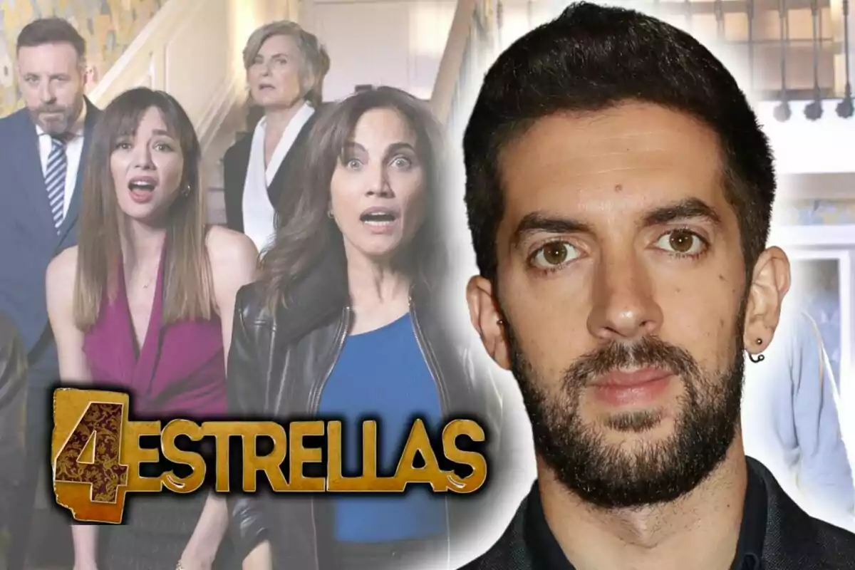 Imagen promocional de la serie "4 Estrellas" con varios personajes en el fondo y David Broncano con rostro serio en primer plano.