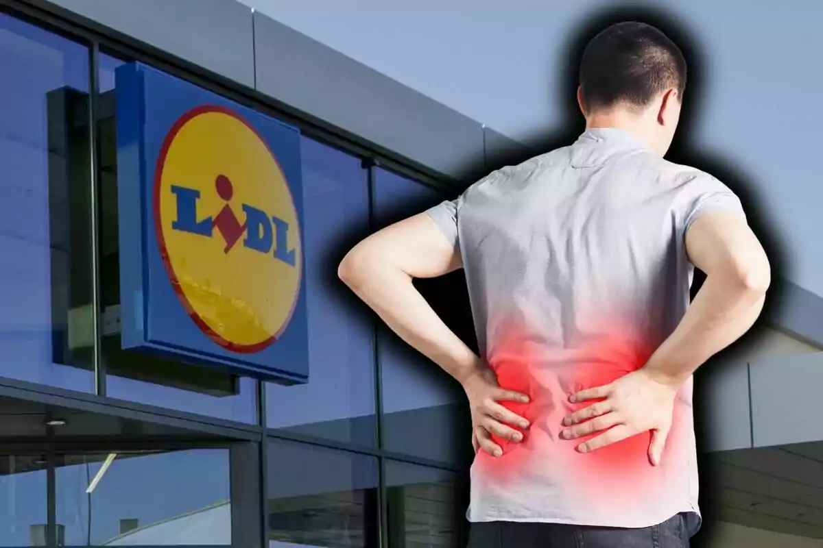 Montaje de fotos de un hombre con dolor de espalda frente a una tienda Lidl.