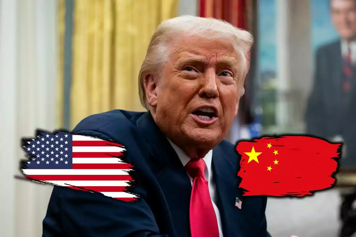Close-up photo montage of Donald Trump with a neutral expression, alongside a flag of China and a flag of the United States. Close-up photo montage of Donald Trump with a neutral expression, alongside a flag of China and a flag of the United States.