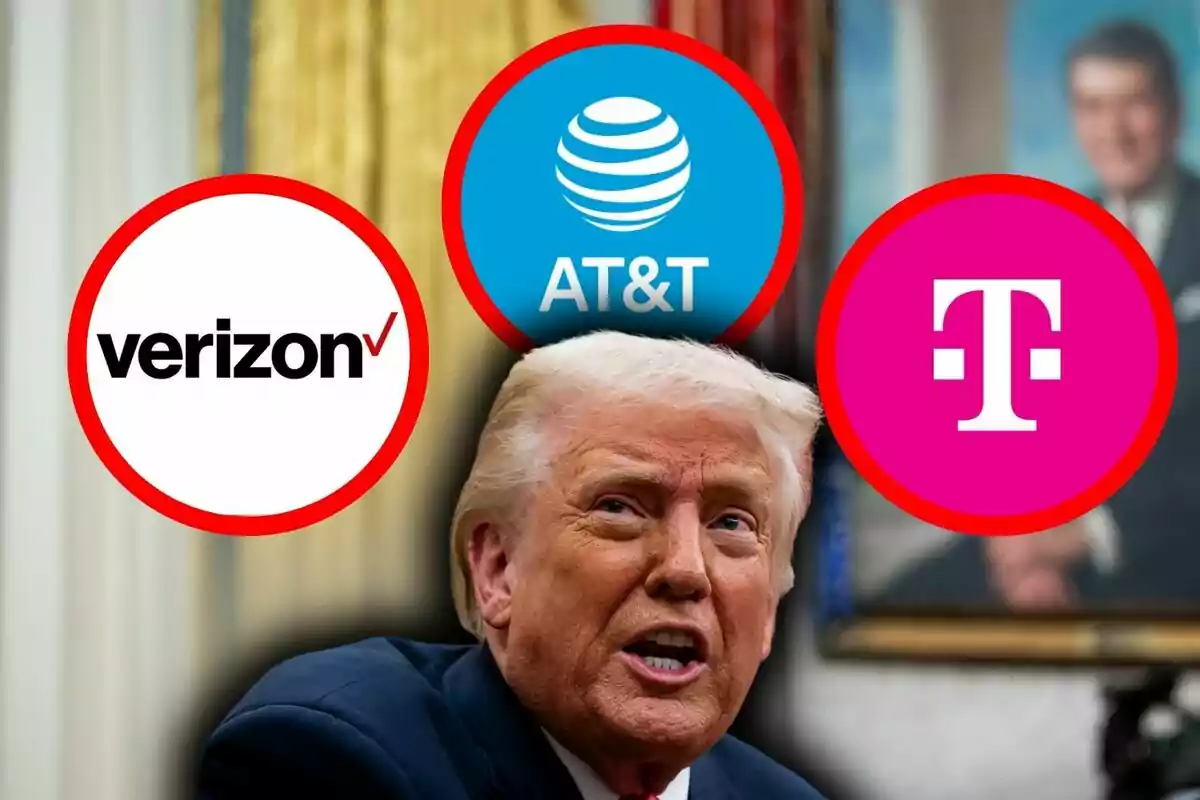 Photo montage of Donald Trump speaking with Verizon, AT&T, and T-Mobile logos above his head. Photo montage of Donald Trump speaking with Verizon, AT&T, and T-Mobile logos above his head.