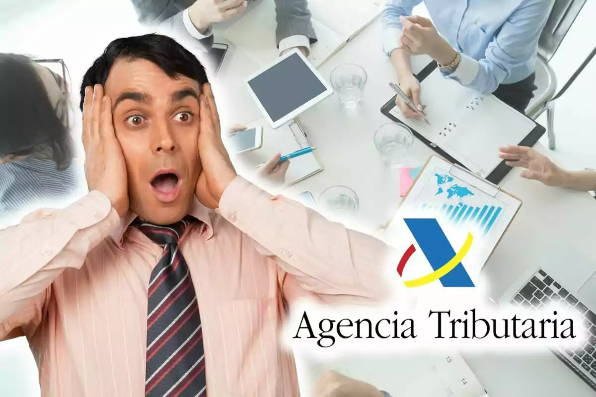 Man with a surprised expression and hands on his face, with the Tax Agency logo and people working in the background.