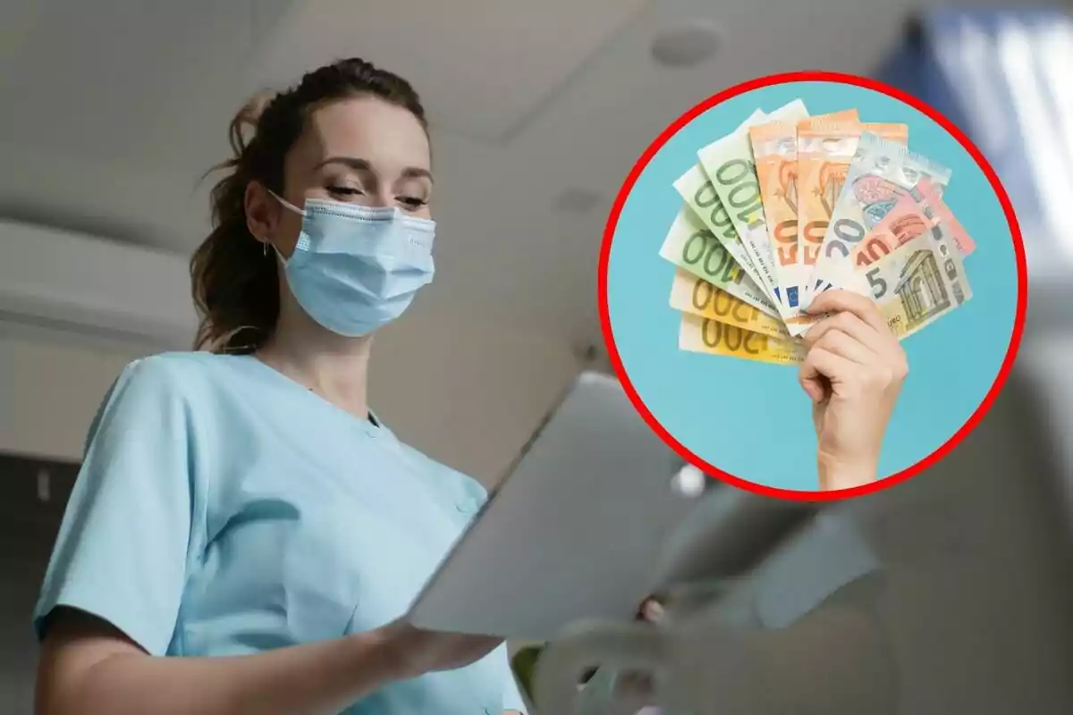 Una persona con mascarilla médica sostiene una tableta, con un círculo que muestra una mano sosteniendo billetes de euro. Una persona con mascarilla médica sostiene una tableta, con un círculo que muestra una mano sosteniendo billetes de euro.