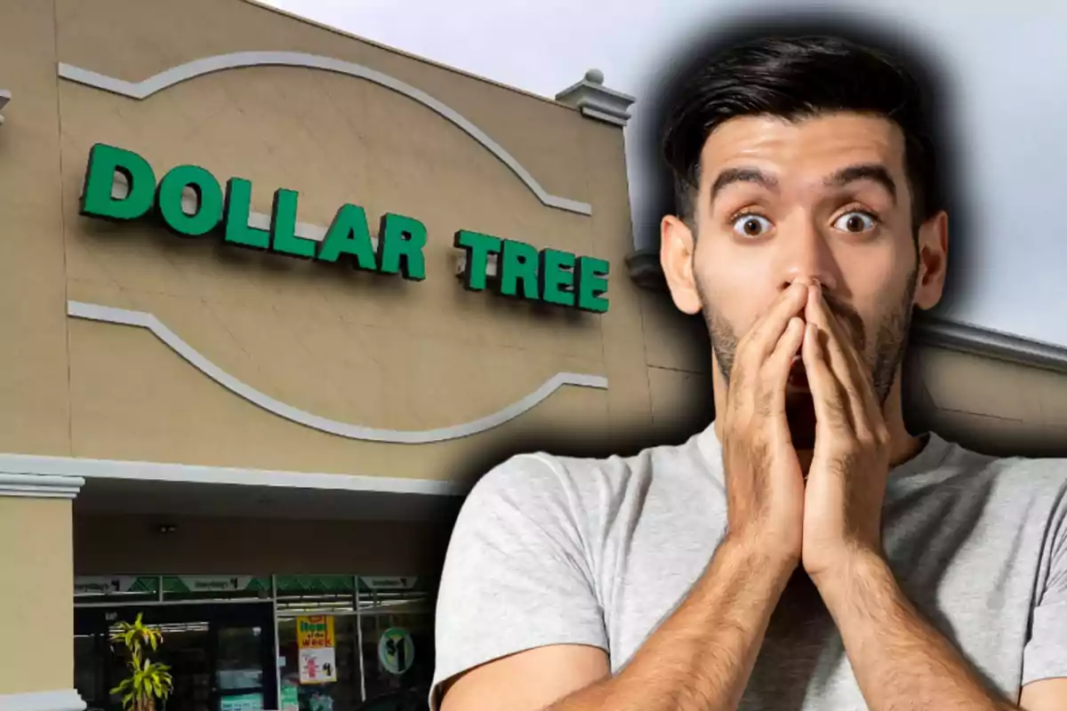 A man surprised in front of a Dollar Tree store.