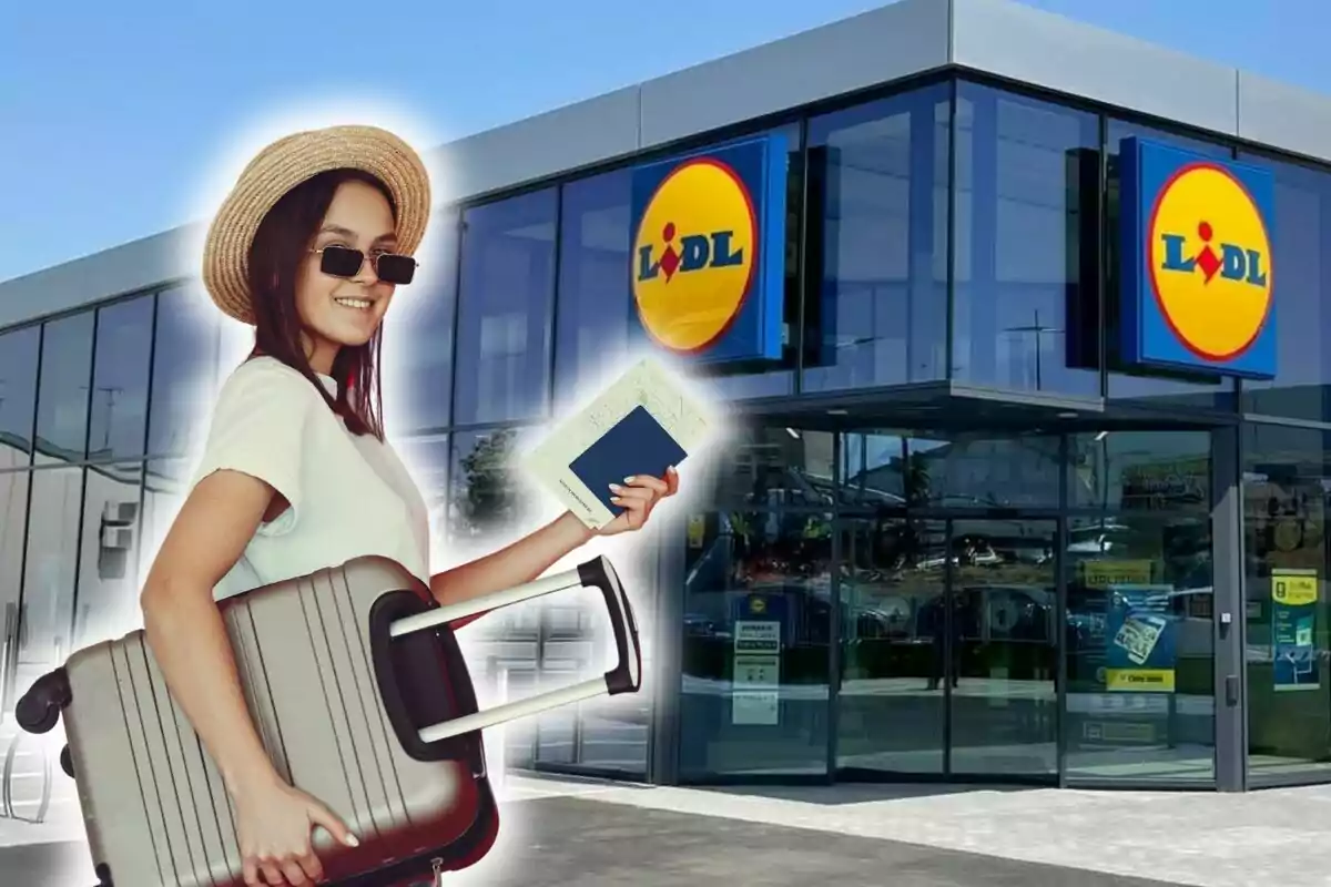 Mujer con sombrero y gafas de sol sosteniendo una maleta y un pasaporte frente a una tienda Lidl.