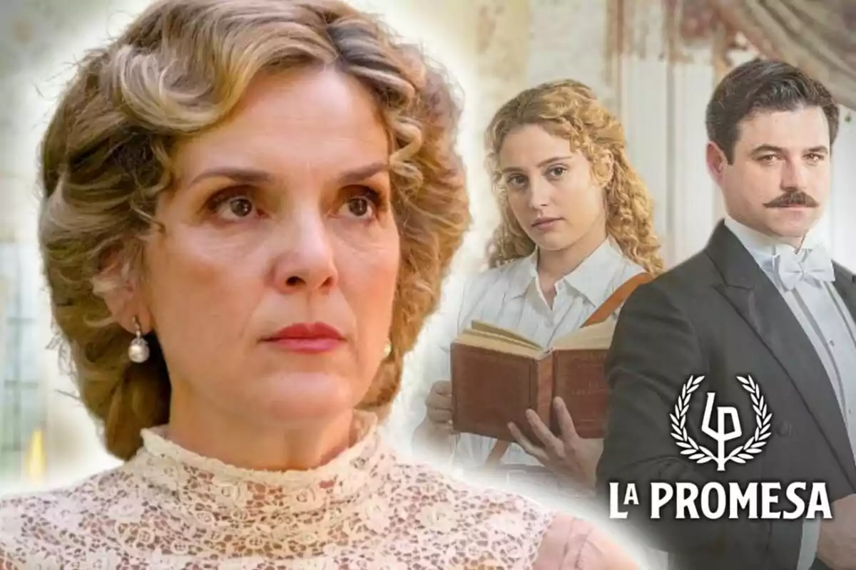 Actress Eva Martín with a serious expression in the foreground and two people in the background, a woman with a book and a man in formal attire, alongside the text "The Promise."