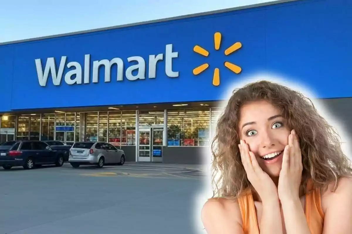 A woman with a surprised expression in front of a Walmart store.