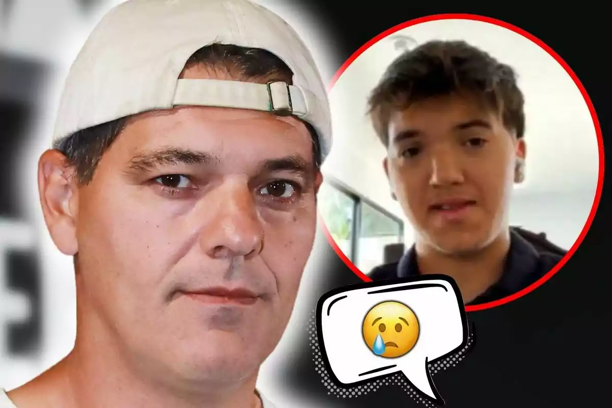 Frank Cuesta con gorra blanca y expresión seria aparece en primer plano, mientras que en un círculo rojo a la derecha se muestra a su hijo, Zorro Cuesta, con expresión triste y un emoji de cara llorando.