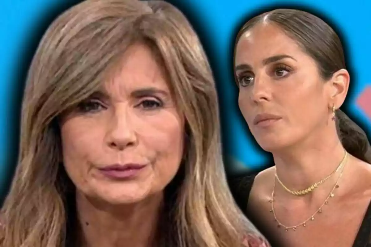 Photo montage of Anabel Pantoja and Gema López in close-up with serious expressions on a blue background.