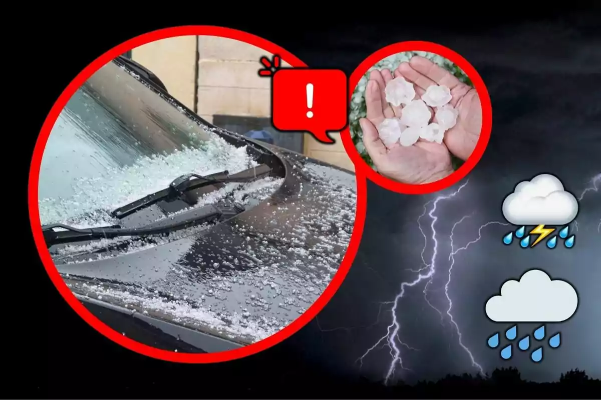 Imagen de un coche cubierto de granizo con una mano sosteniendo bolas de granizo, con fondo de una tormenta eléctrica y nubes de lluvia con relámpagos y gotas de agua.