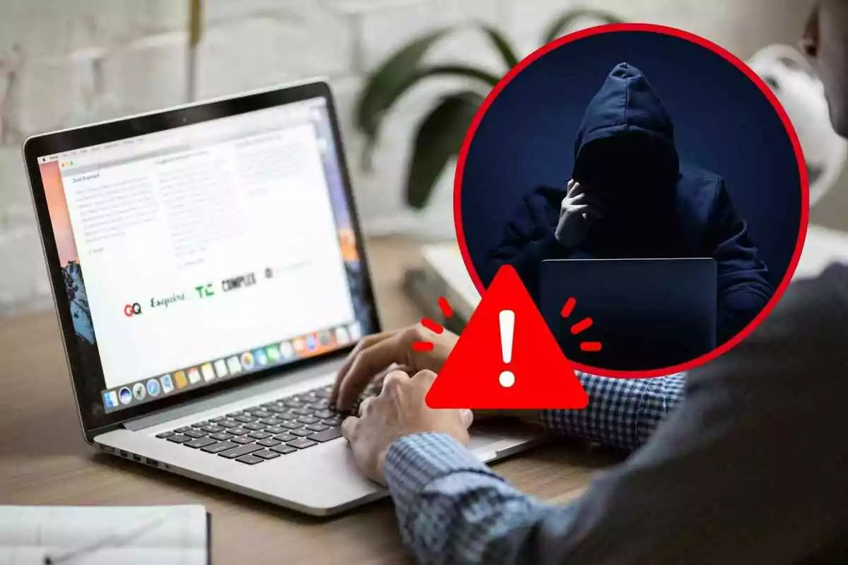 Persona trabajando en una computadora portátil con una advertencia de seguridad cibernética representada por un hacker en un círculo rojo.