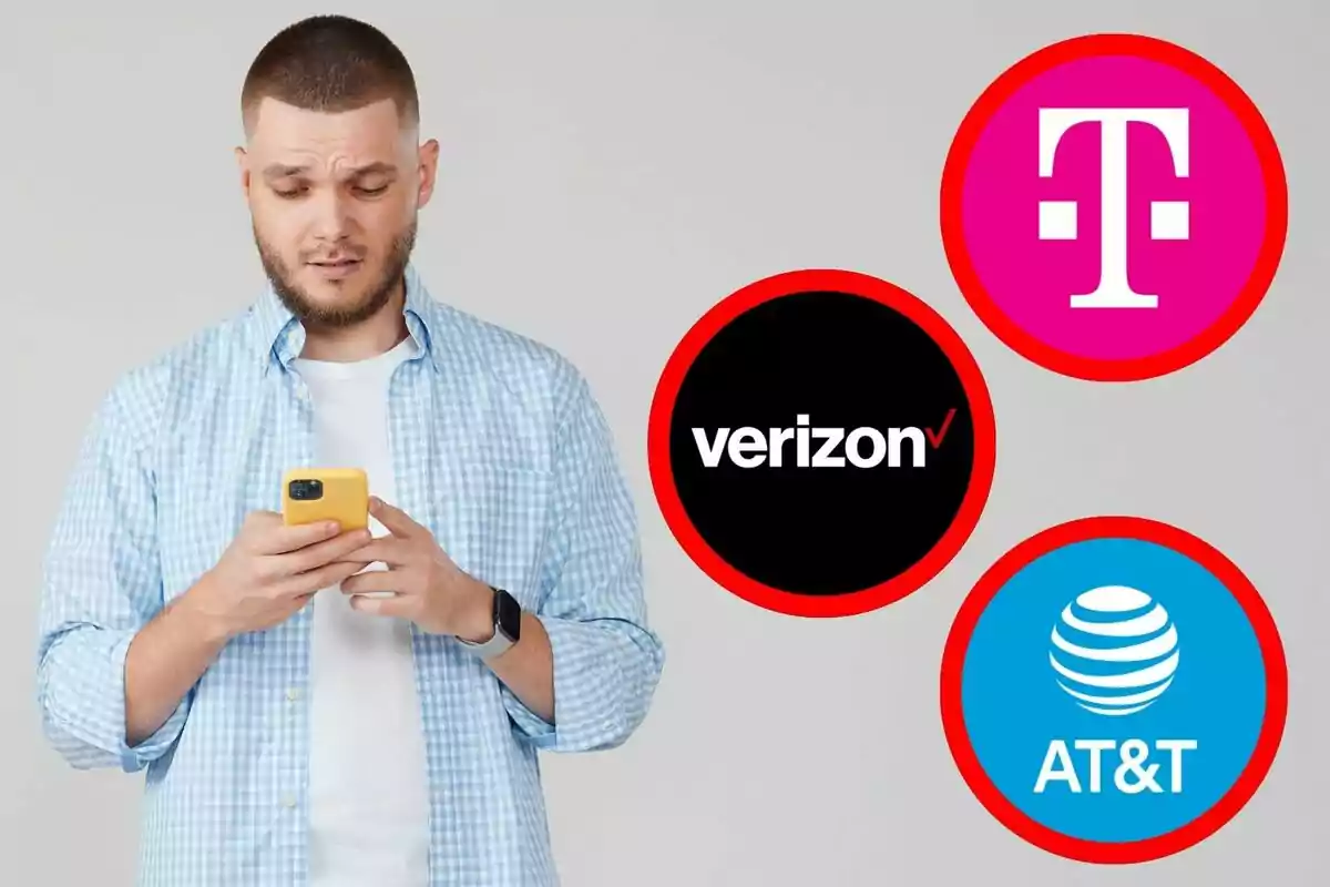 Man with a doubtful expression looking at his phone while the logos of Verizon, T-Mobile, and AT&T appear next to him.