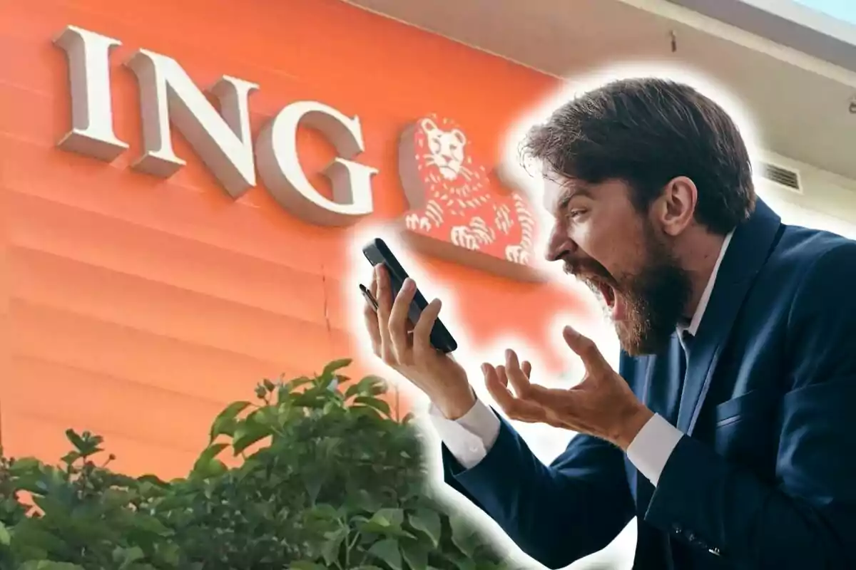 Un hombre enojado grita mientras sostiene un teléfono móvil, con el logo de ING en el fondo.