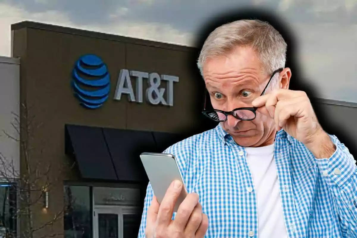 Un hombre con expresión de sorpresa mira su teléfono frente a una tienda de AT&T.