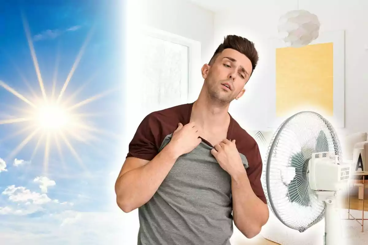 Montaje de fotos de un hombre acalorado frente a un ventilador en una habitación con el sol brillando intensamente afuera. Montaje de fotos de un hombre acalorado frente a un ventilador en una habitación con el sol brillando intensamente afuera.