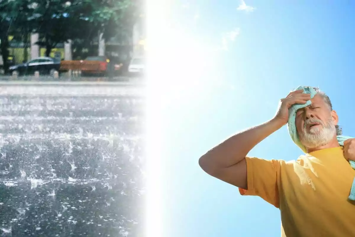Mitad de la imagen muestra una calle bajo la lluvia intensa y la otra mitad a un hombre mayor secándose el sudor bajo el sol fuerte. Mitad de la imagen muestra una calle bajo la lluvia intensa y la otra mitad a un hombre mayor secándose el sudor bajo el sol fuerte.