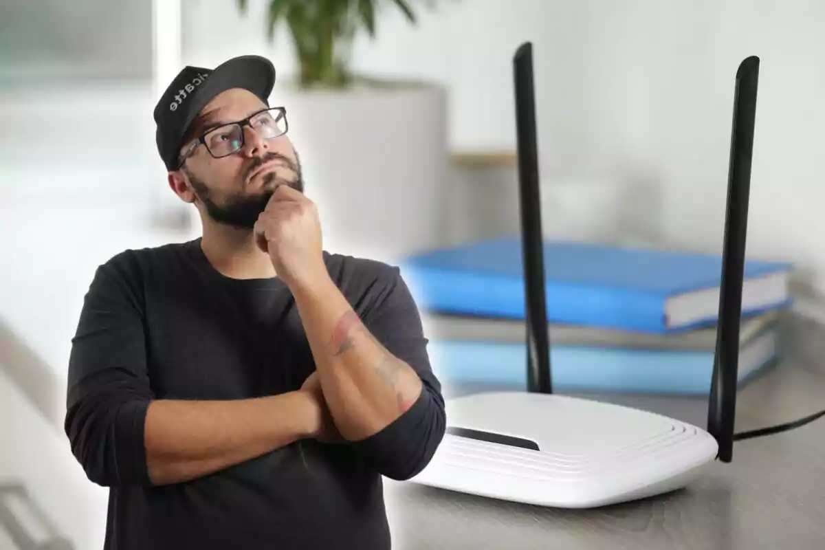 Un hombre con gorra y gafas, con expresión pensativa, está de pie junto a un router inalámbrico en una habitación moderna.