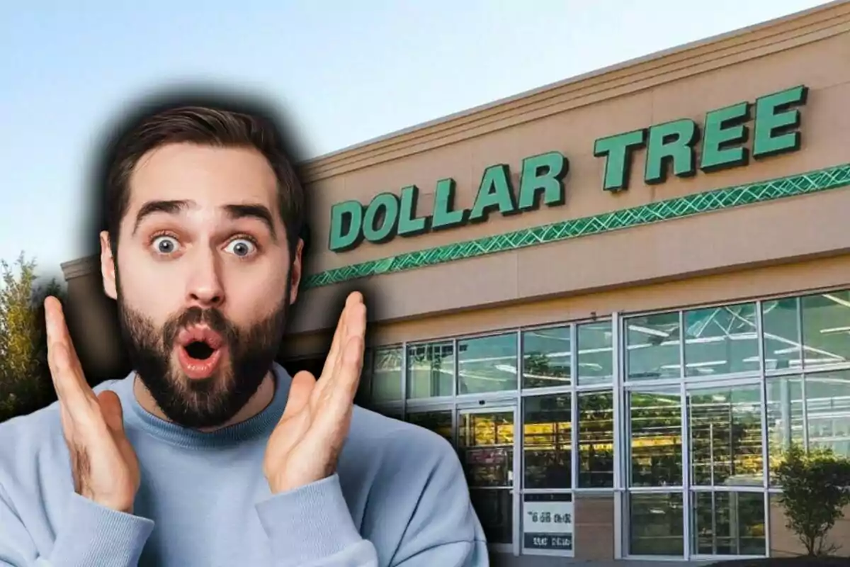 A man with a surprised expression is in front of a Dollar Tree store.