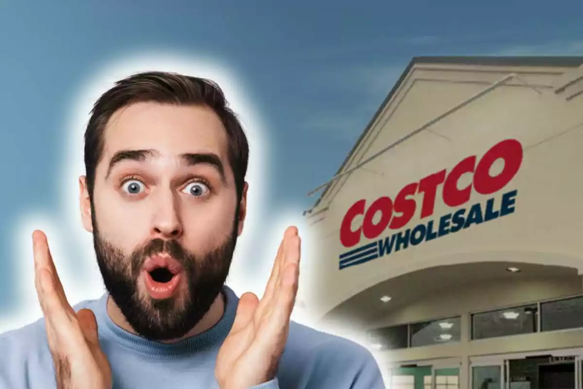 Montaje de fotos de un hombre con expresión de sorpresa frente a una tienda de Costco en Estados Unidos.