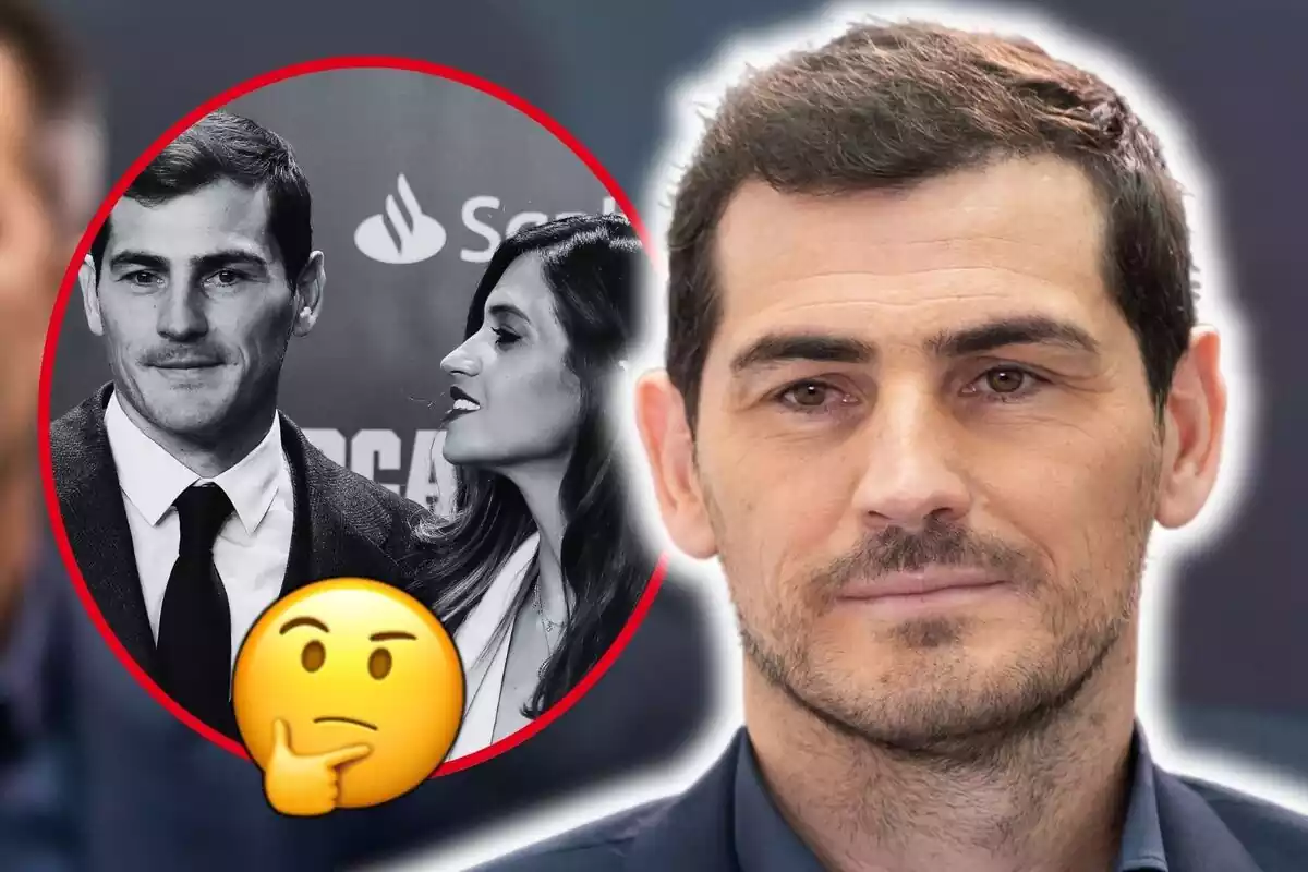 Montaje de fotos de primer plano de Íker Casillas con rostro serio y, al lado, una imagen de él con su expareja, Sara Carbonero, con un emoji pensativo al lado
