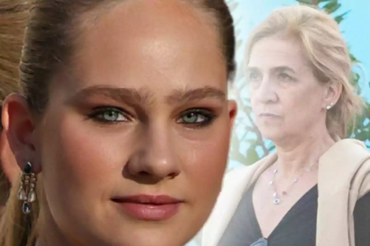 Close-up of Irene Urdangarin with a neutral expression, and in the background, Infanta Cristina appears with a serious look.