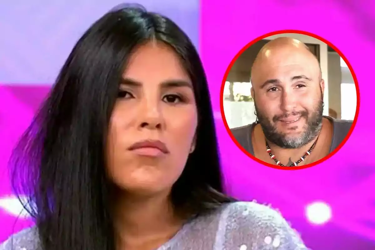 Isa Pantoja con cabello largo y lacio mira hacia el frente con expresión seria, mientras en la esquina superior derecha hay un recuadro circular con la imagen de su hermano, Kiko Rivera, con barba y sonriendo.