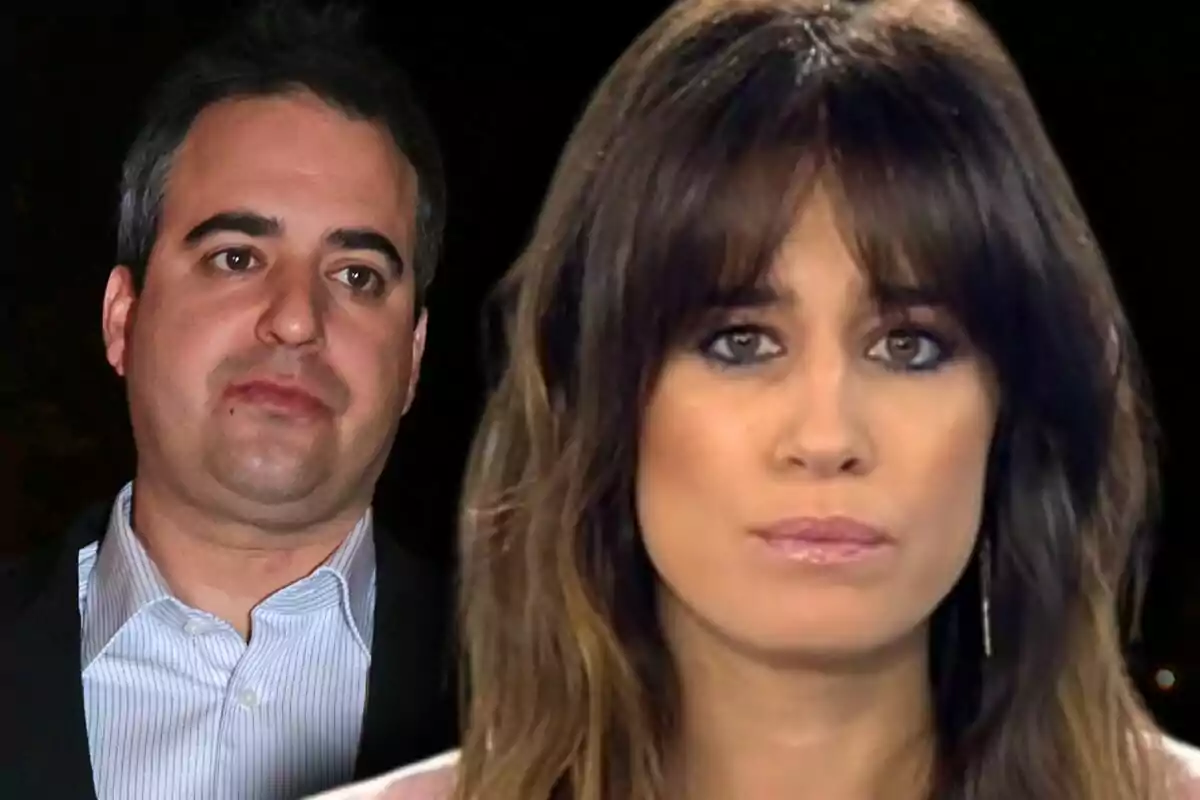 Montaje de fotos de primer plano de Isabel Jiménez y su expareja, Álex Cruz, ambos con rostro serio.