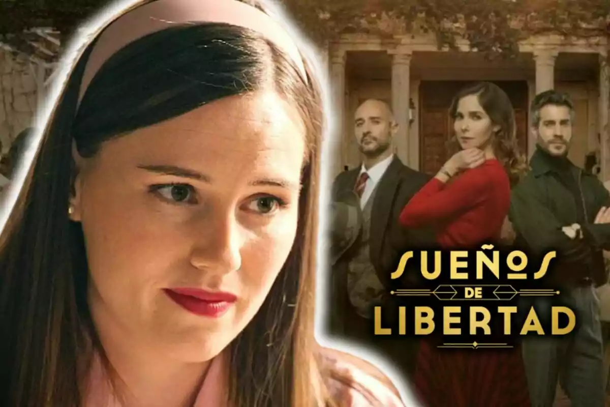 Imagen promocional de la serie "Sueños de Libertad" mostrando a la actriz Isabel Moreno en primer plano y a tres personas en el fondo frente a un edificio.