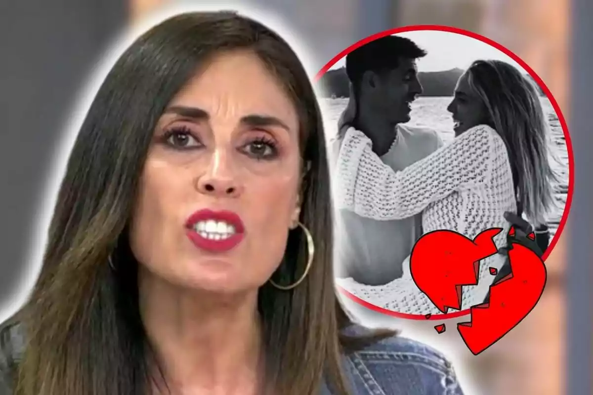 Isabel Rábago con expresión seria aparece en primer plano, mientras que en el fondo se ve una imagen en blanco y negro de Álvaro Morata y Alice Campello abrazándose, rodeada por un círculo rojo con un corazón roto.