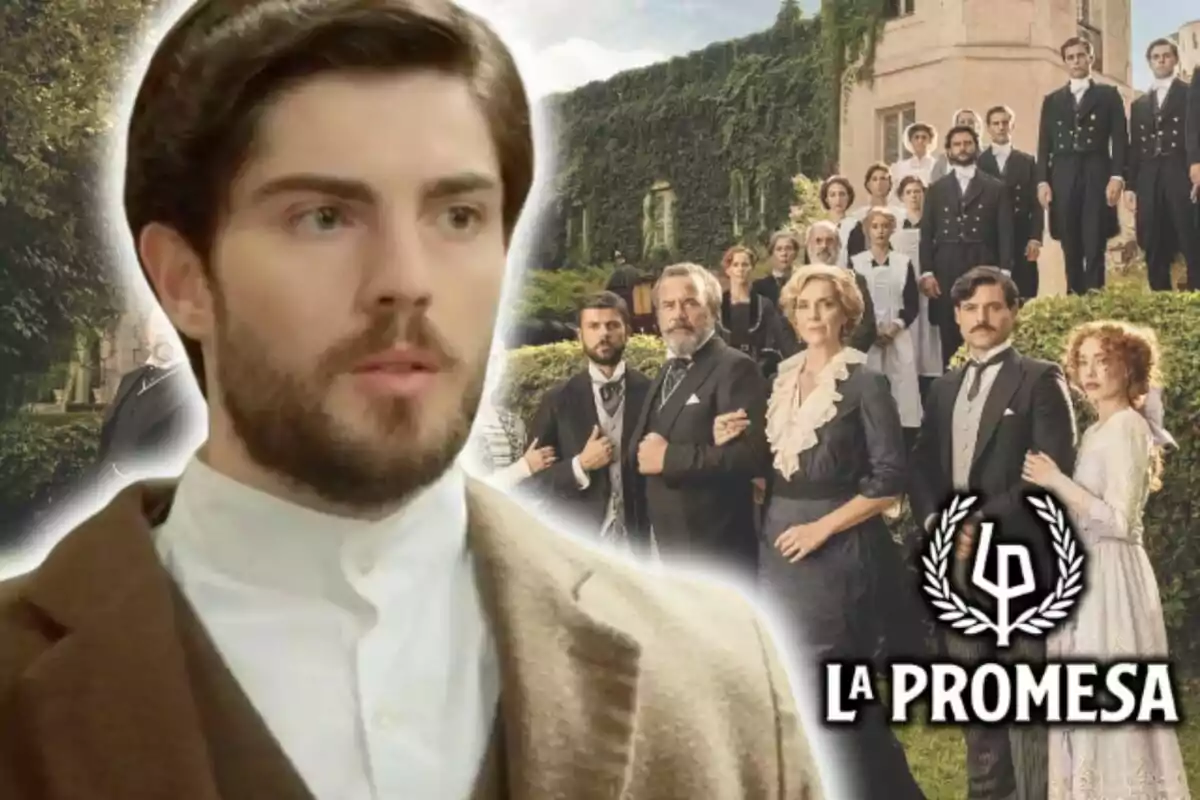 Imagen promocional de la serie "La Promesa" que muestra al actor Jorge Casat en primer plano y a un grupo de personas en el fondo, con un edificio cubierto de vegetación detrás de ellos.