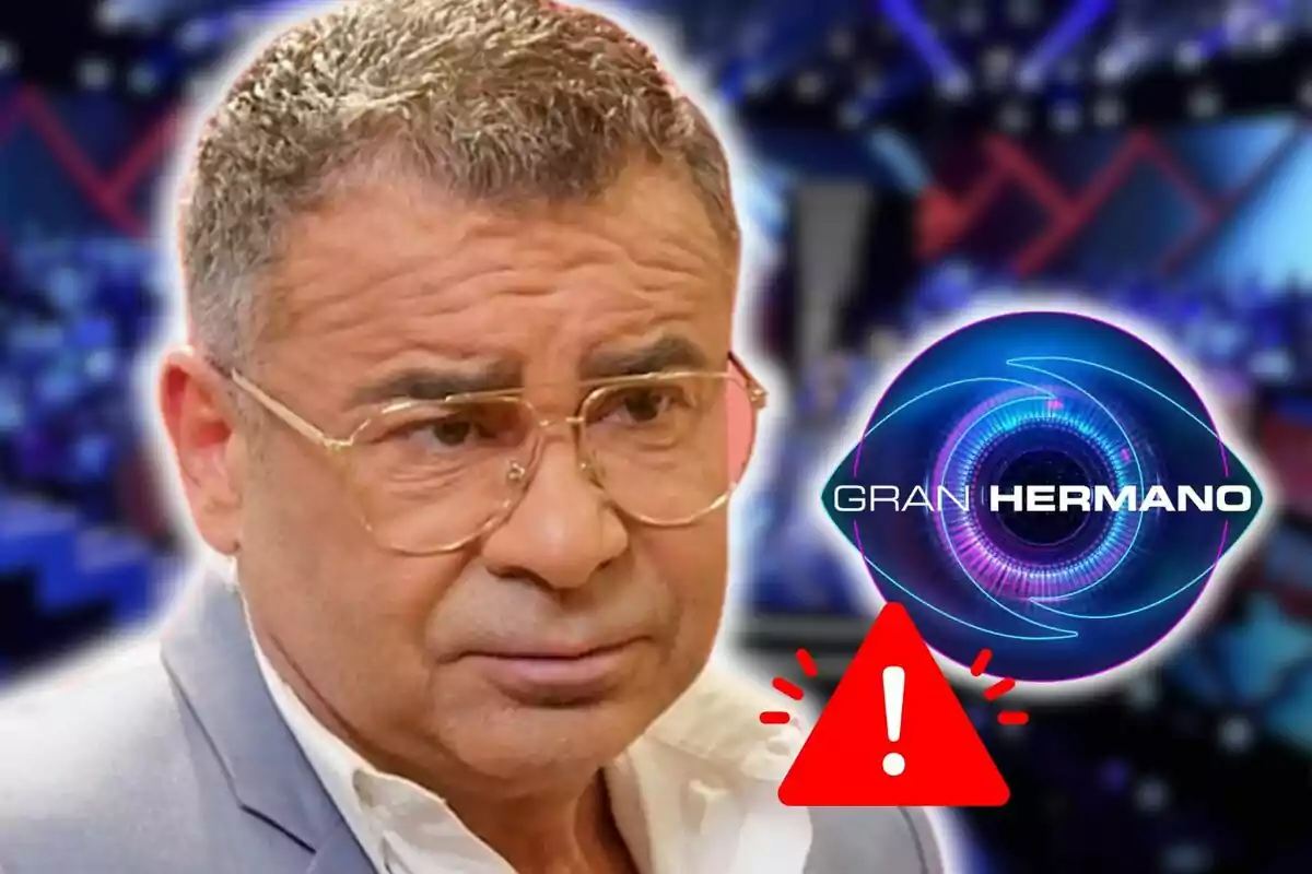 Primer plano de Jorge Javier Vázquez con gafas y expresión seria, junto al logo del programa "Gran Hermano" y un icono de advertencia.