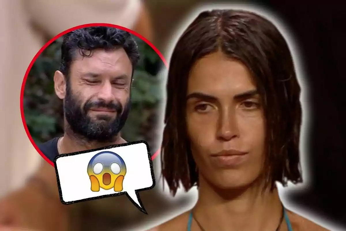 Sofía Suescun con expresión seria en primer plano y Jorge Pérez con barba en un círculo rojo con una expresión de sorpresa y un emoji de cara asombrada.