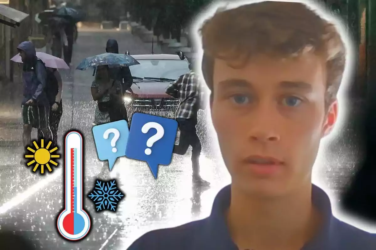 Una imagen que muestra a varias personas caminando bajo la lluvia con paraguas, un coche en el fondo, un termómetro con iconos de sol y nieve, y Jorge Rey en primer plano con un fondo difuminado.