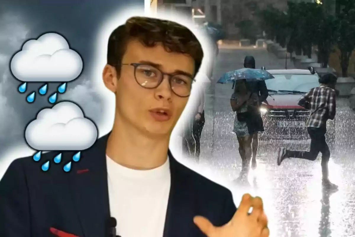 Jorge Rey con gafas y chaqueta oscura aparece en primer plano mientras al fondo se observa una escena de lluvia intensa con personas usando paraguas y corriendo bajo el agua.