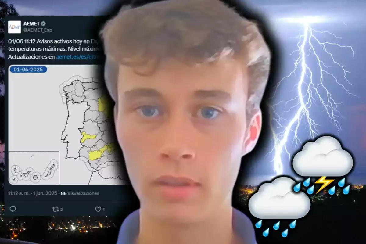 Montaje de fotos de Jorge Rey con expresión seria en primer plano sobre un fondo de tormenta eléctrica, un mapa meteorológico y dos iconos de nubes con lluvia y relámpagos.