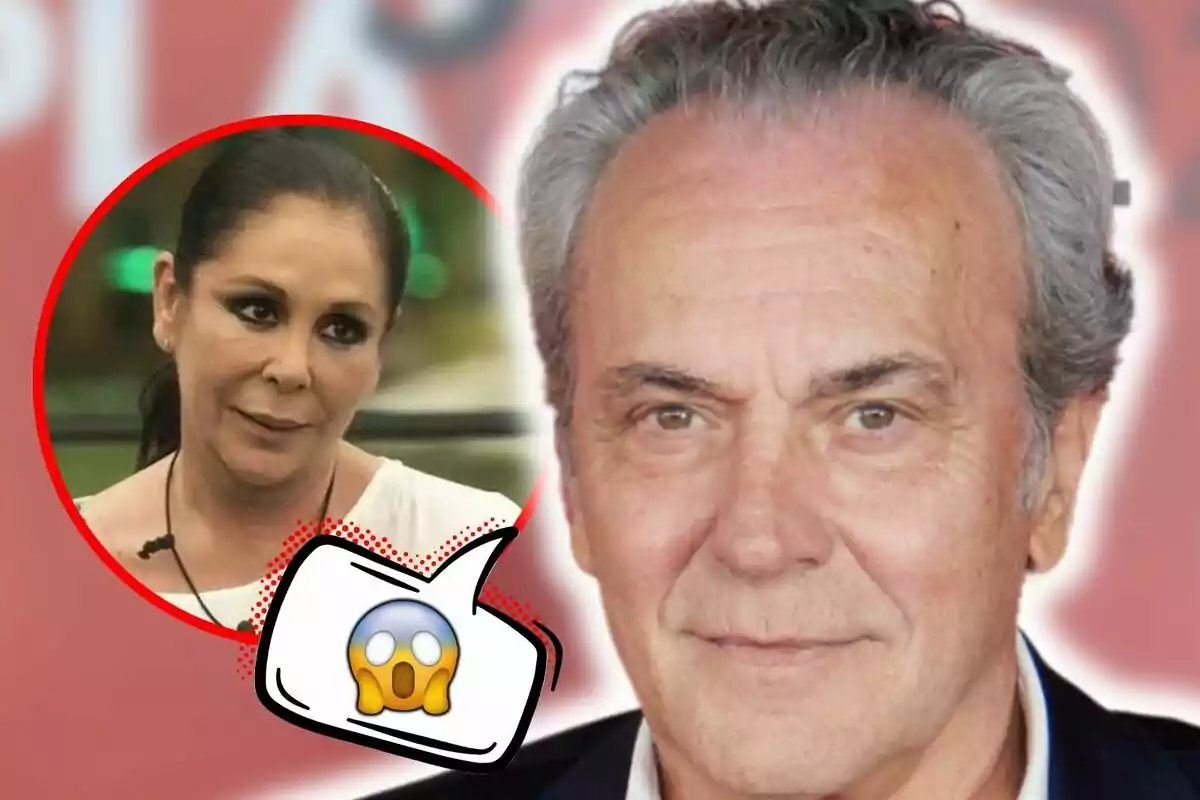 Montaje de fotos de primer plano de José Coronado e Isabel Pantoja, ambos con rostro serio y un emoji de sorpresa al lado.