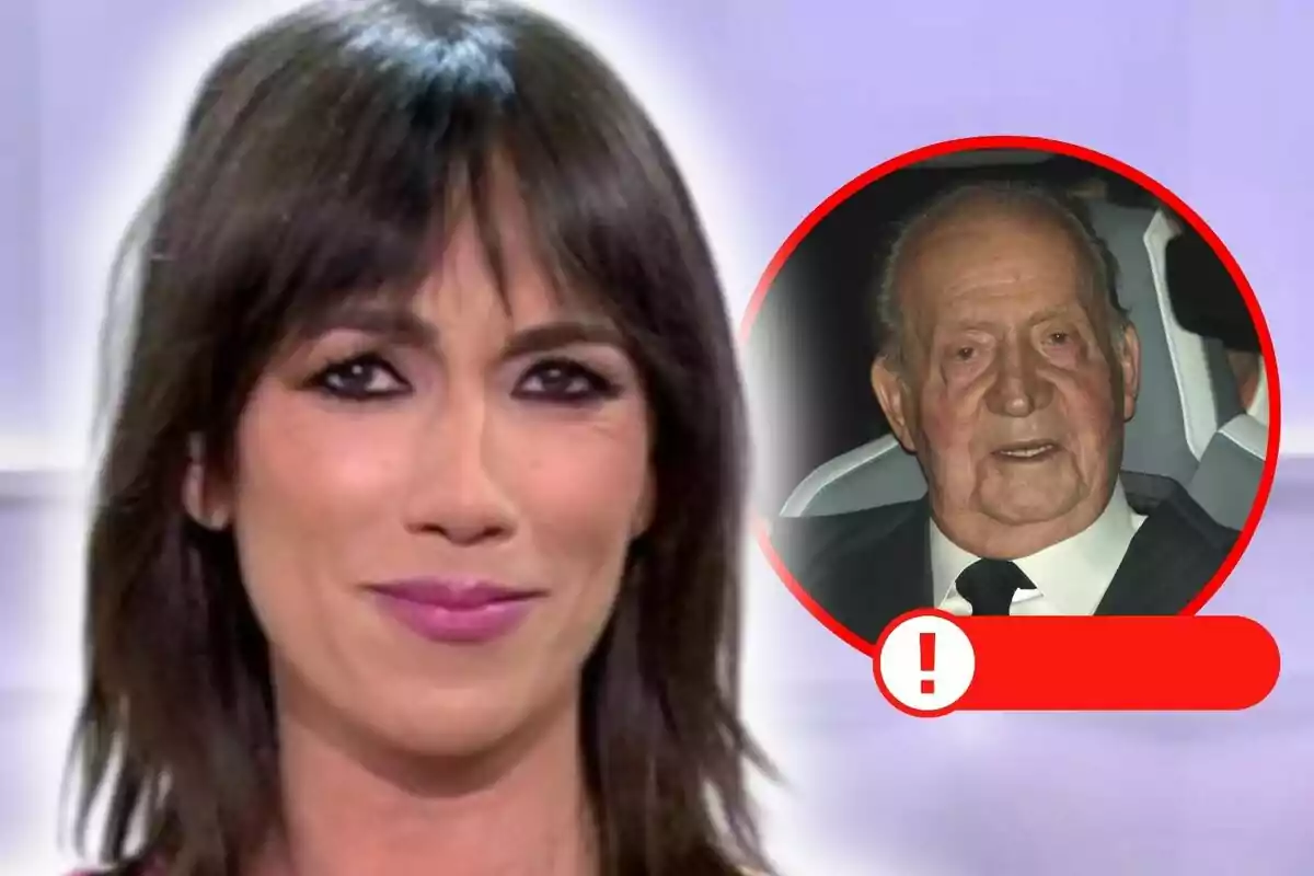 Patricia Pardo con cabello oscuro y flequillo aparece en primer plano, mientras que en la esquina superior derecha hay una imagen circular de Juan Carlos I con un traje oscuro y una corbata, rodeada por un borde rojo con un signo de exclamación.