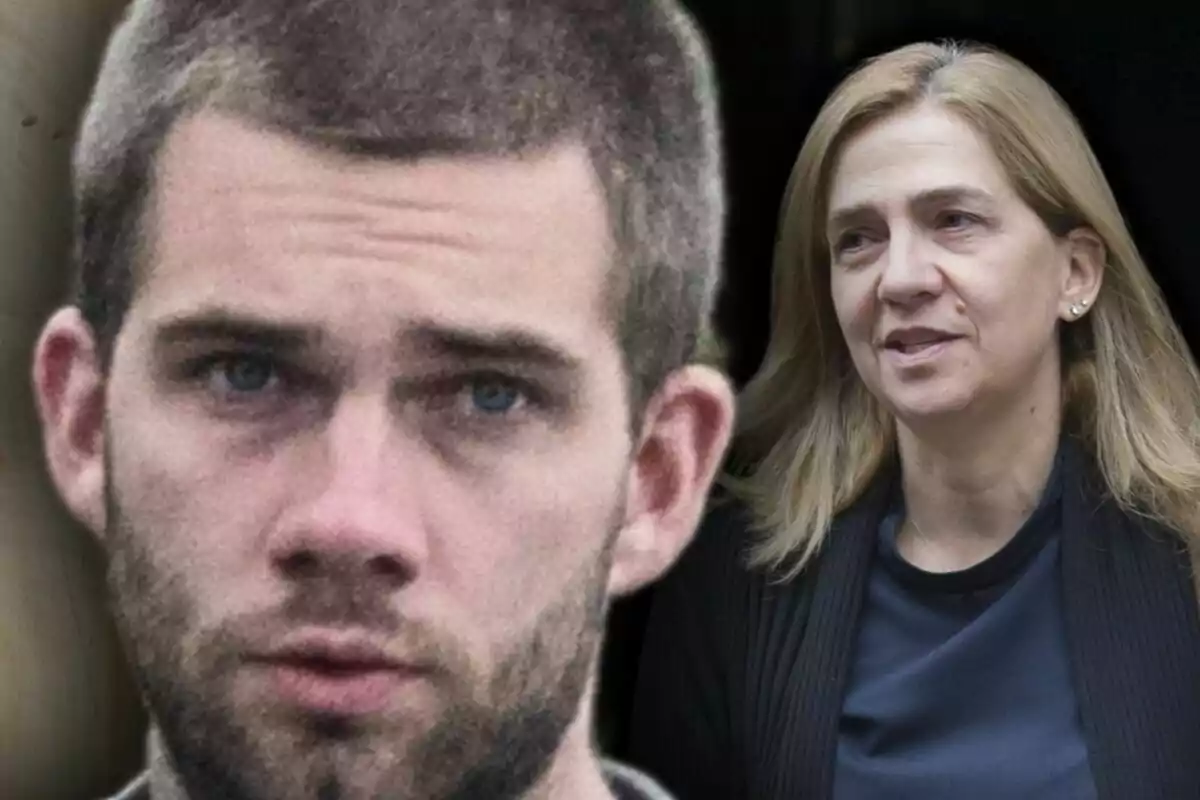 Close-up photo montage of Juan Urdangarin with a serious face and Infanta Cristina with a half-smiling face.