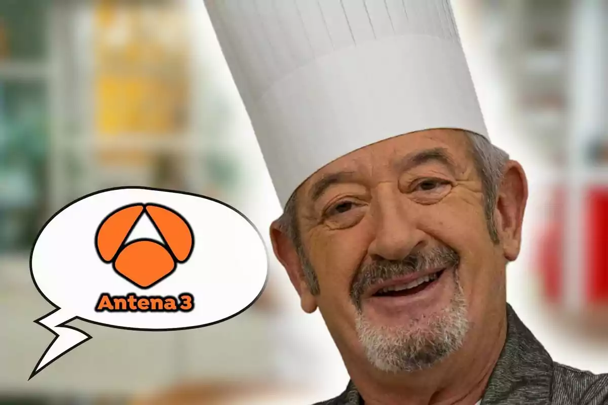 Karlos Arguiñano con gorro de chef sonríe mientras aparece un globo de diálogo con el logo de Antena 3.