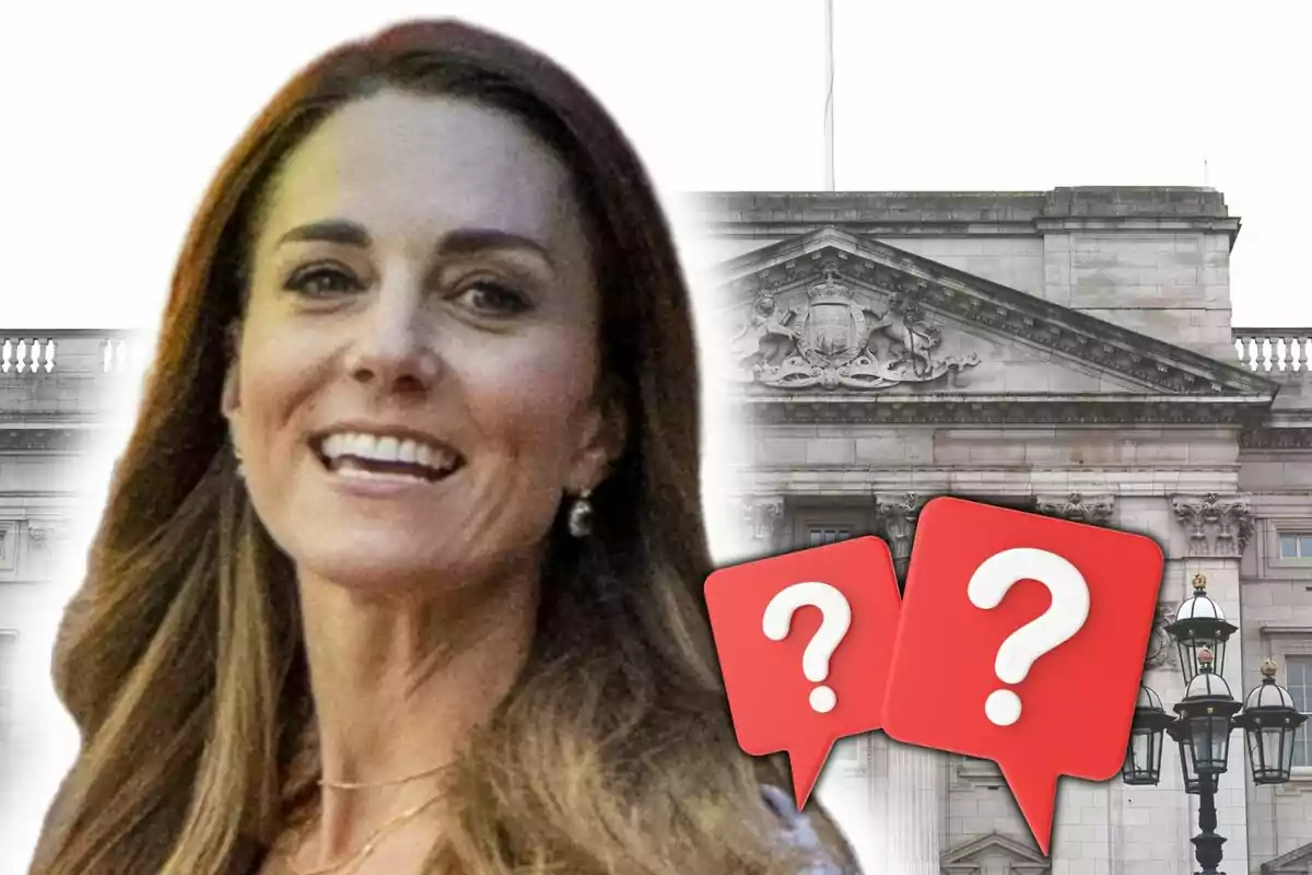 Kate Middleton with a smiling face in front of a wide shot of Buckingham Palace.
