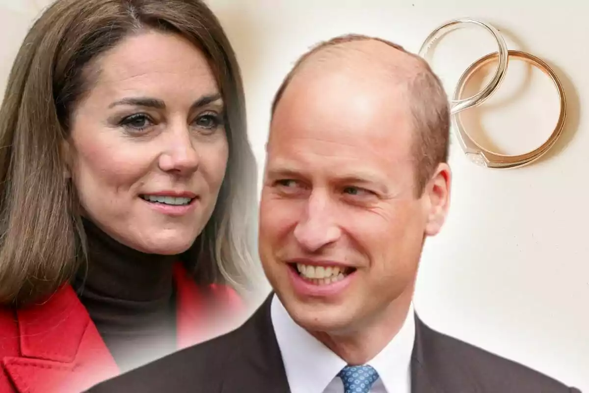 Close-up photo montage of Prince William and Kate Middleton, with wedding rings in the background.