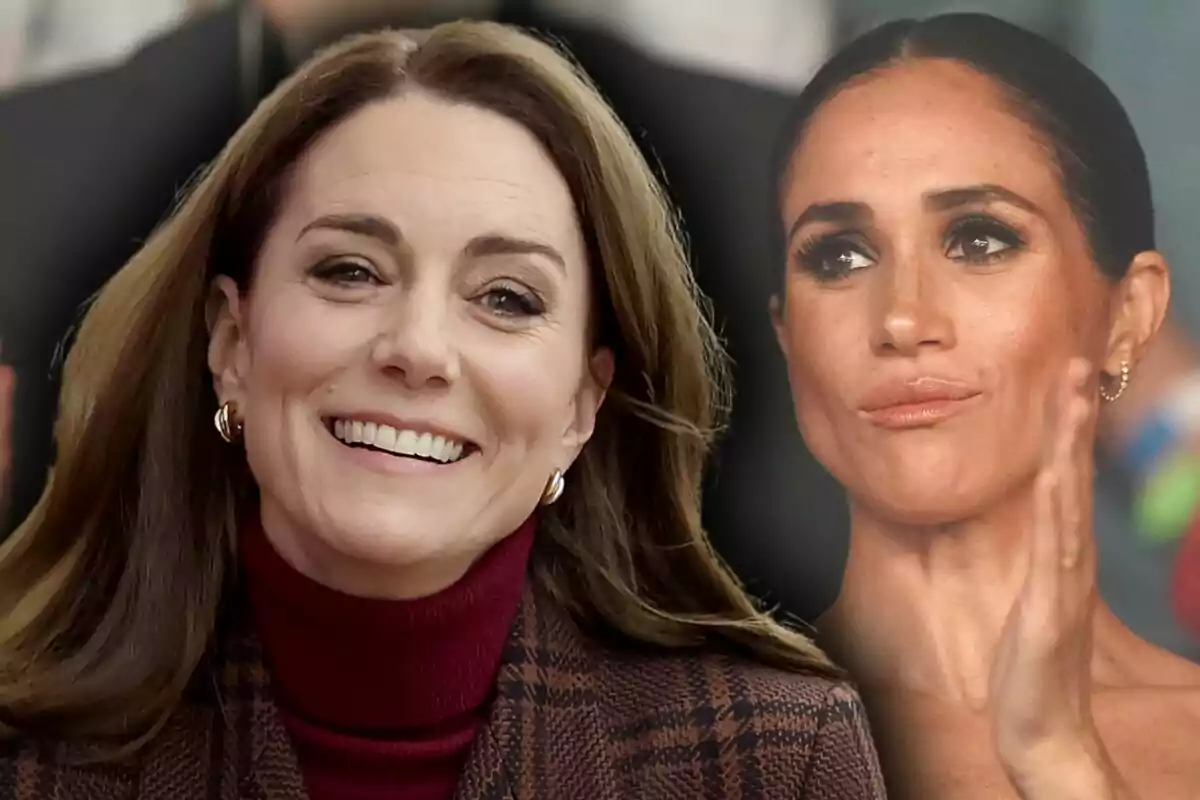 Two smiling women in a photo montage, one with loose brown hair - who is Kate Middleton - and the other with dark hair tied back - who is Meghan Markle.
