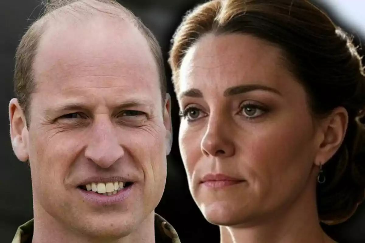 Close-up photo montage of a smiling Prince William and a sad Kate Middleton.