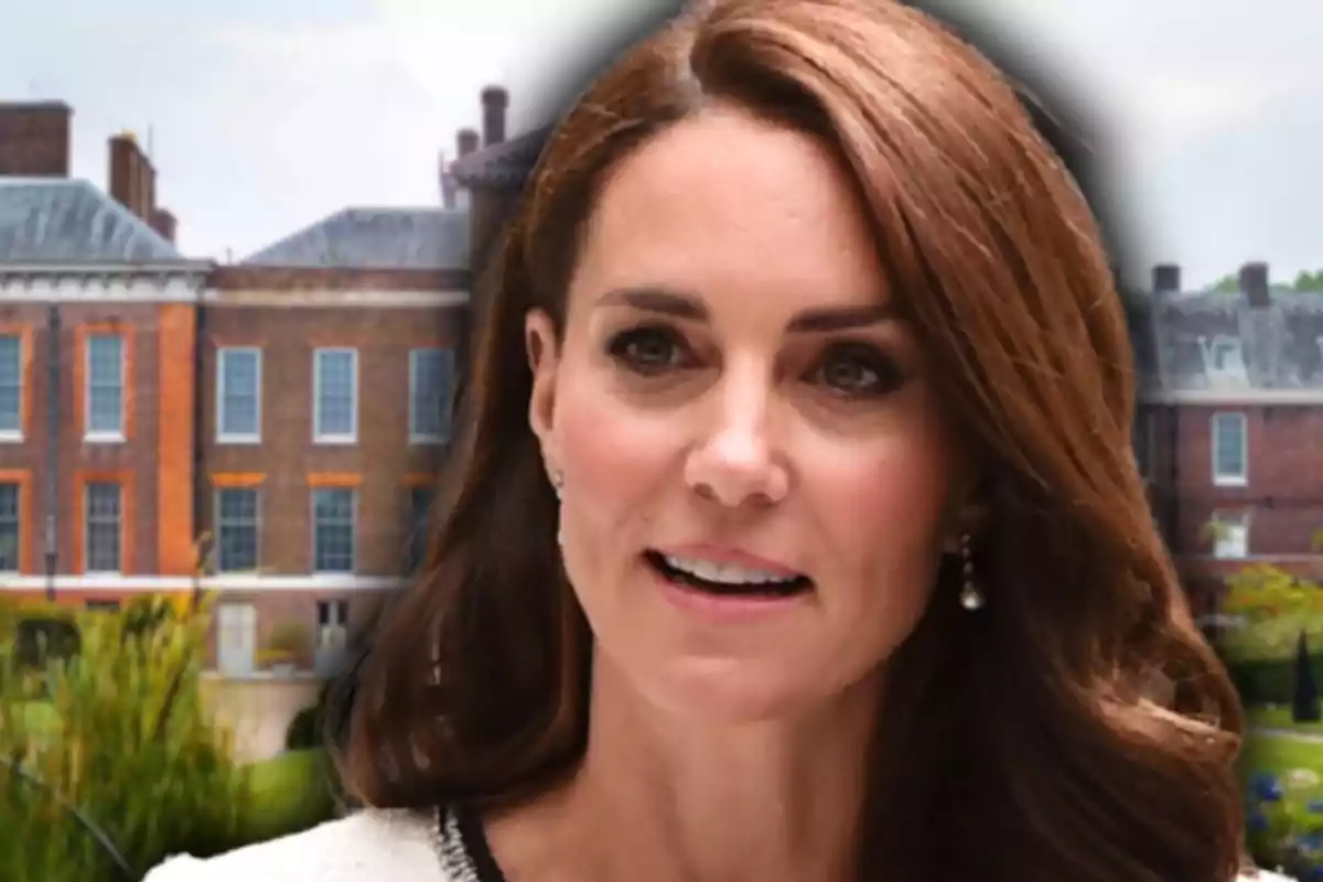 Photo montage of Kate Middleton with brown hair and earrings is in front of an image of Kensington Palace.