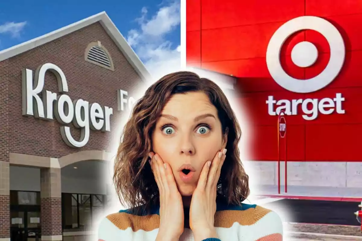 A woman with a surprised expression is in the foreground, with the Kroger and Target logos in the background.